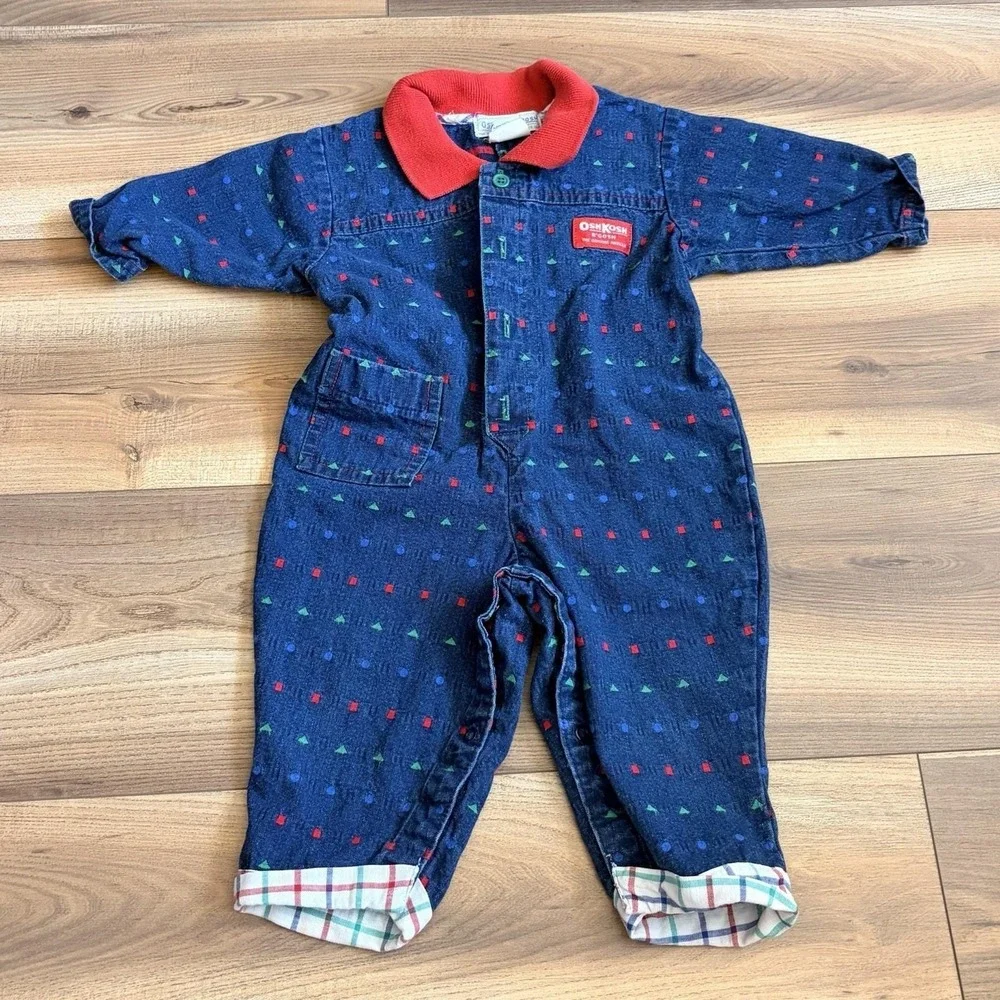 VTG 80s Retro OshKosh B'gosh Kids Denim Jumpsuit Unisex Shapes Collared 6-9 M